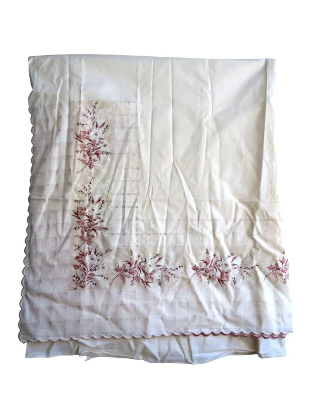 Vintage Floral Full Sheet Set 4-Piece Scalloped Edges Cream & Burgundy Muslin